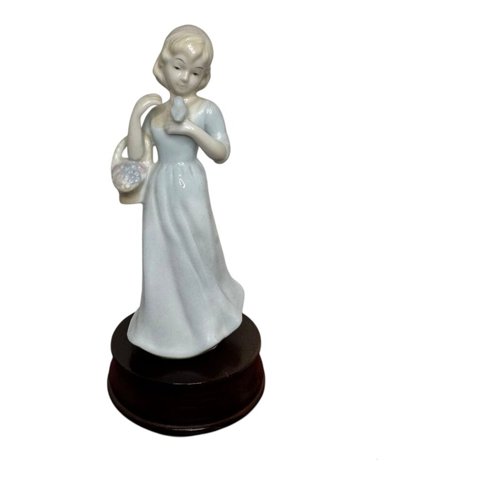 Vintage MECO Ceramic Girl Figurine Dove & Basket Musical Wood Base 8.5" Music